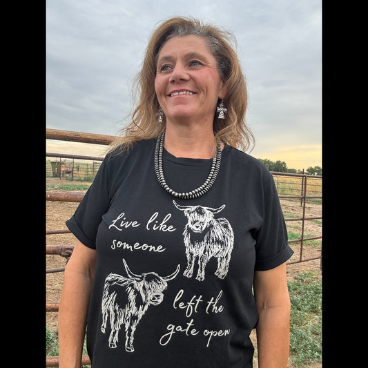 Gate Open Highland Tee - Dirt Roads and Dreams Western Boutique