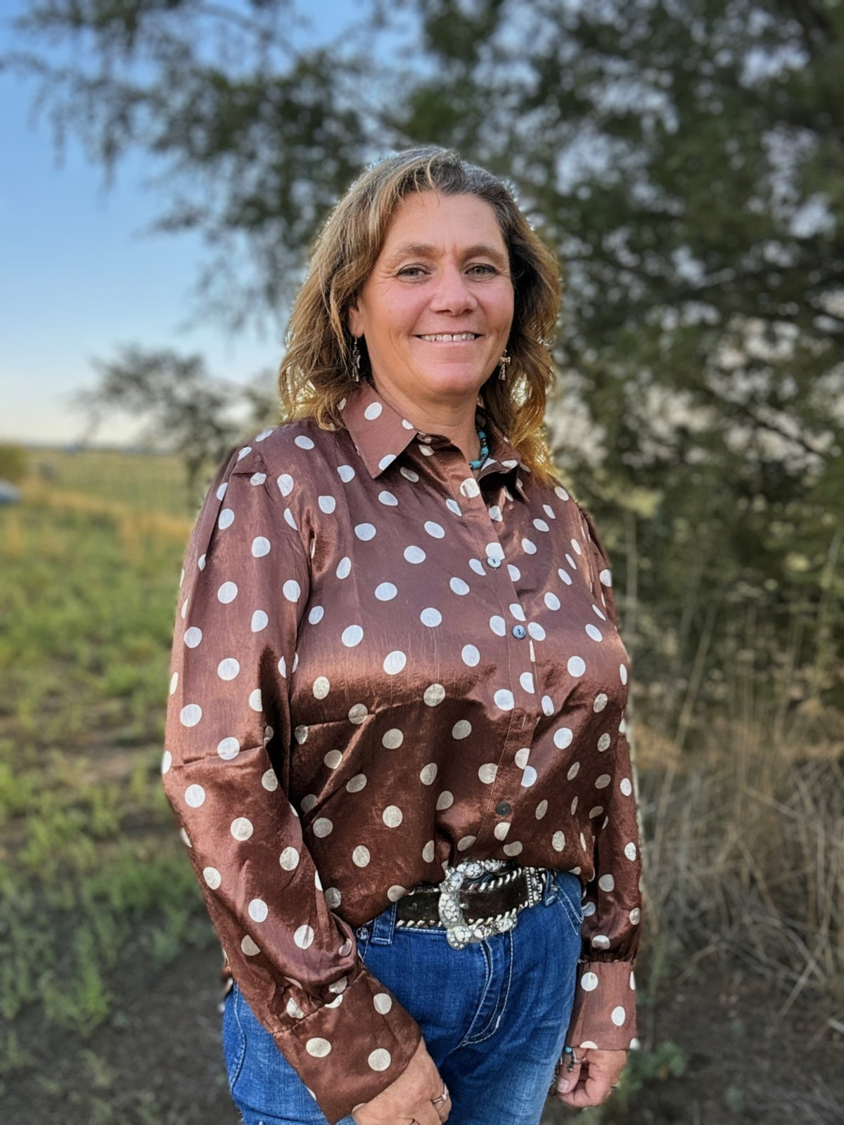 Mocha Dot Button Up - Dirt Roads and Dreams Western Boutique