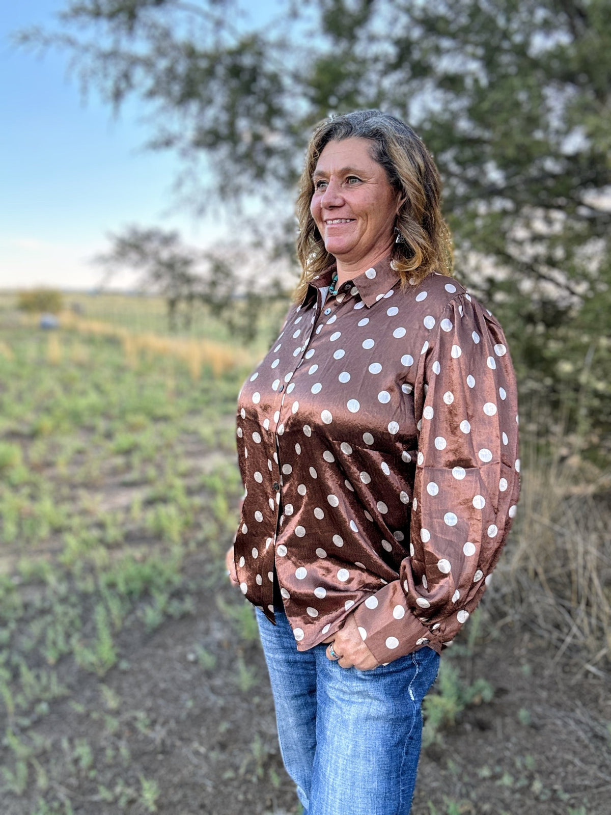 Mocha Dot Button Up - Dirt Roads and Dreams Western Boutique
