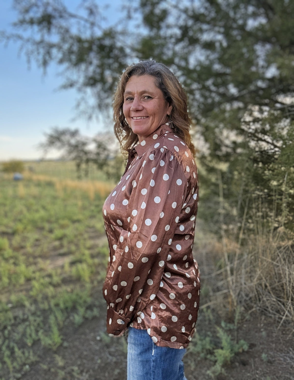 Mocha Dot Button Up - Dirt Roads and Dreams Western Boutique