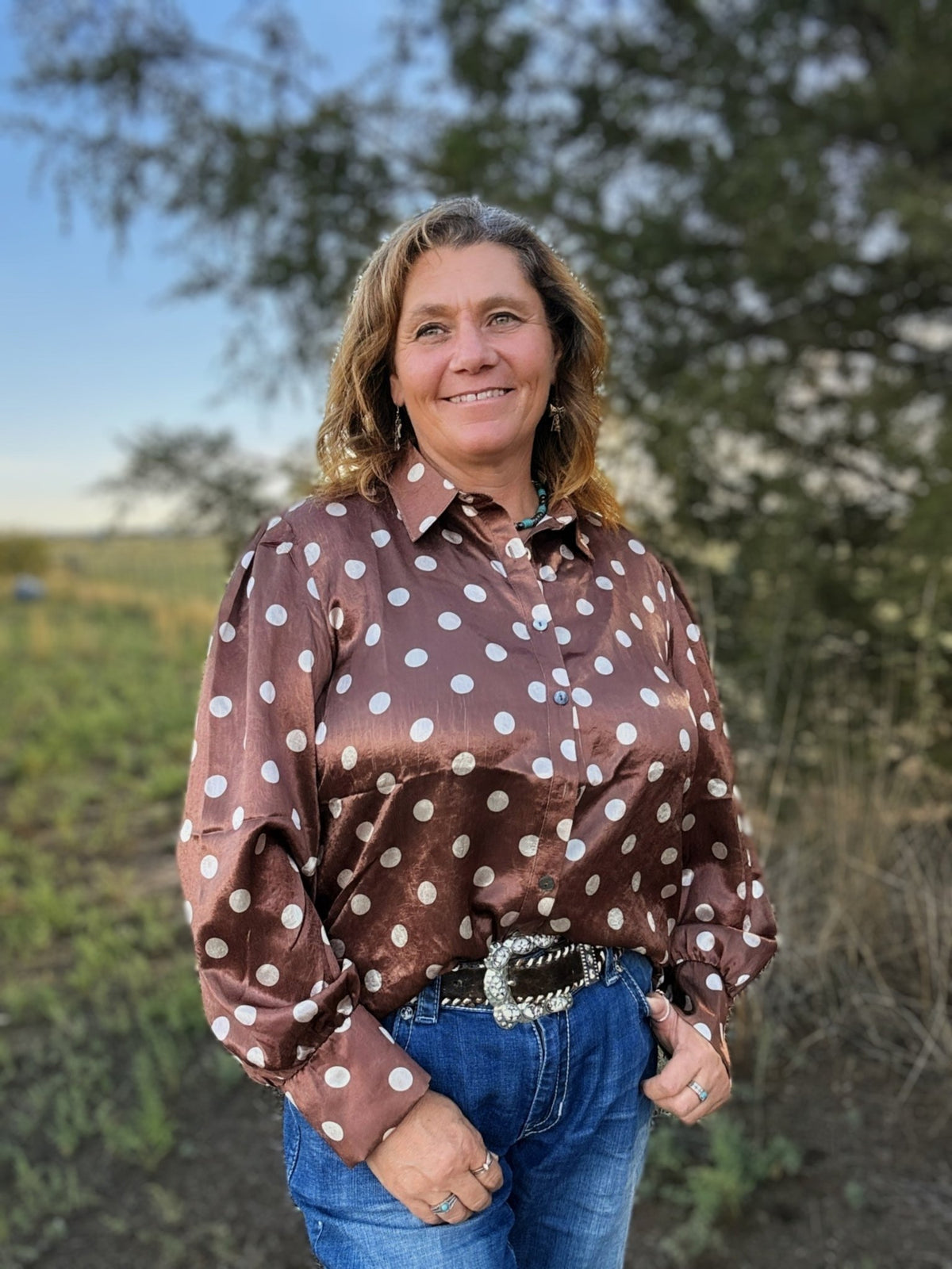 Mocha Dot Button Up - Dirt Roads and Dreams Western Boutique