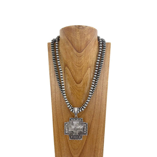 Navajo pearl beads with silver metal cross Necklace - Dirt Roads and Dreams Western Boutique