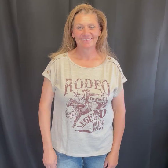 model wearing the Rodeo Legend Tee in size Large: showing relaxed fit with drop shoulders