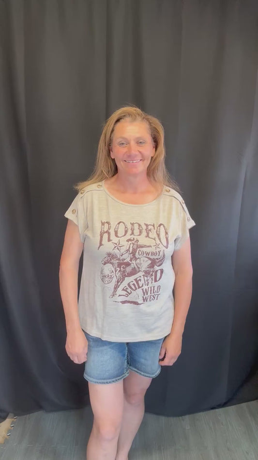 model wearing the Rodeo Legend Tee in size Large: showing relaxed fit with drop shoulders