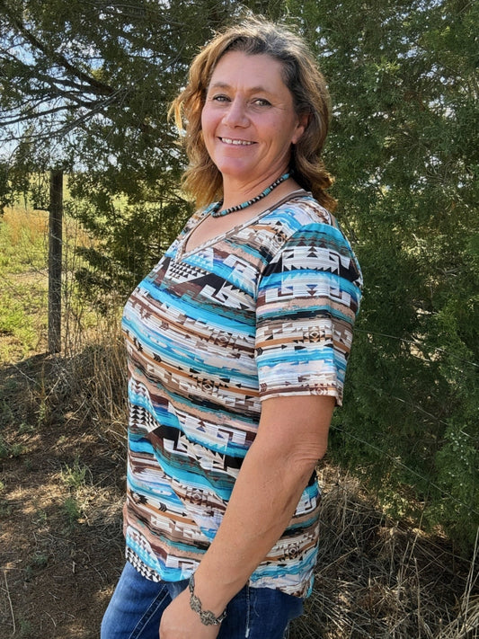 Rustic Turquoise Aztec Top - Dirt Roads and Dreams Western Boutique