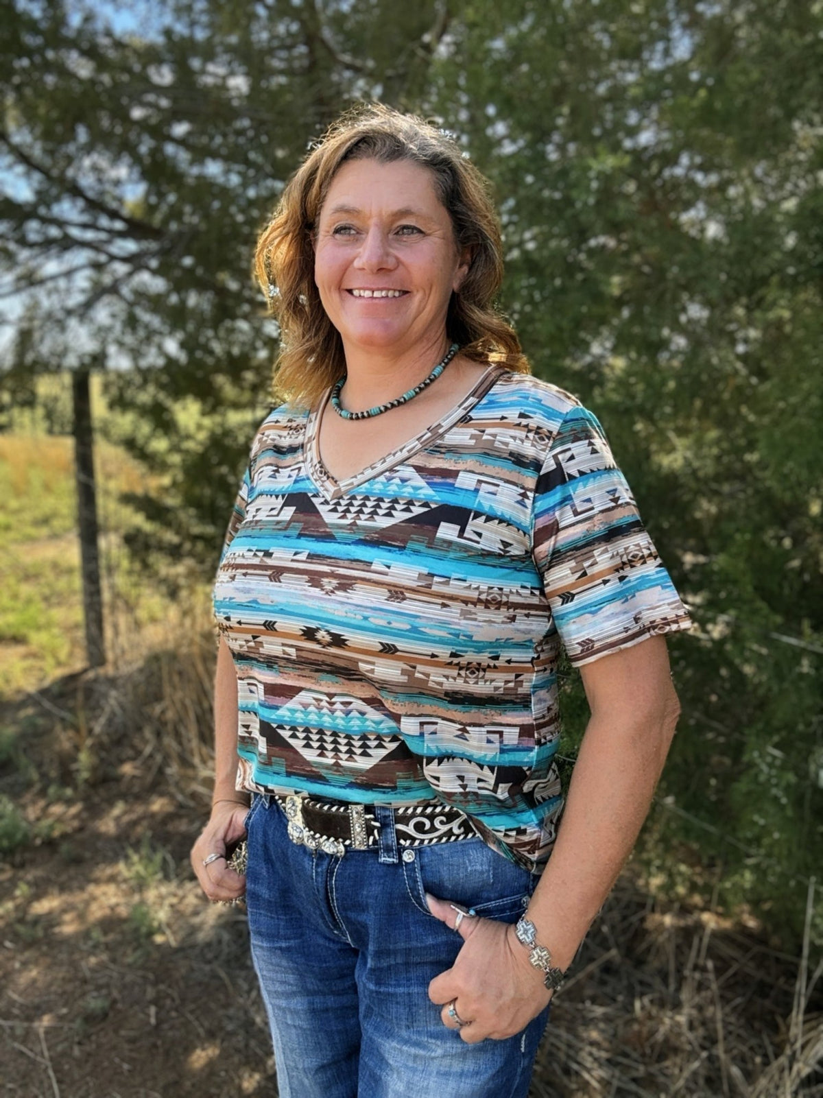 Rustic Turquoise Aztec Top - Dirt Roads and Dreams Western Boutique