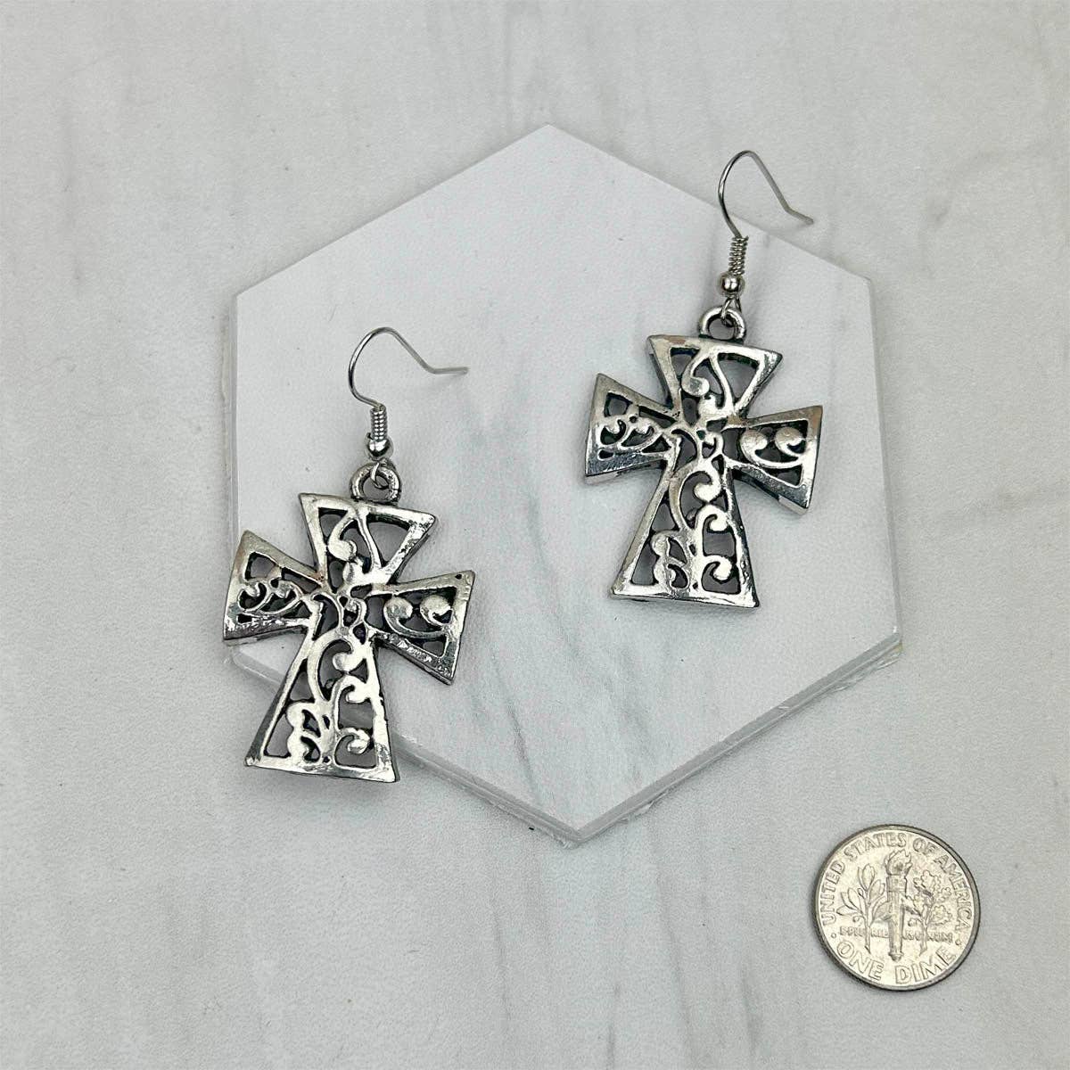 Silver Metal Cross Dangle Earrings - Dirt Roads and Dreams Western Boutique