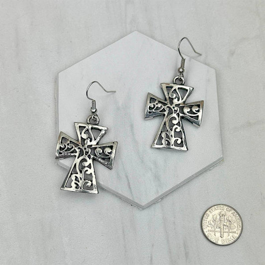 Silver Metal Cross Dangle Earrings - Dirt Roads and Dreams Western Boutique