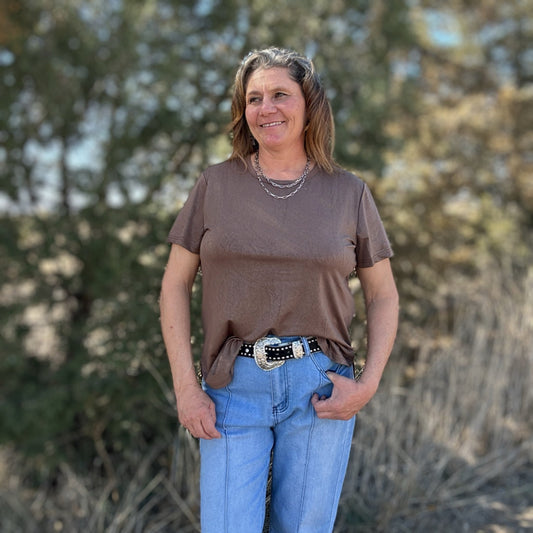 Swanky Leather Lux Tee – Mocha - Dirt Roads and Dreams Western Boutique