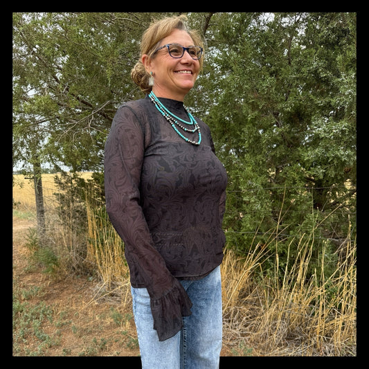 Tooled In Black Mesh Top - Dirt Roads and Dreams Western Boutique