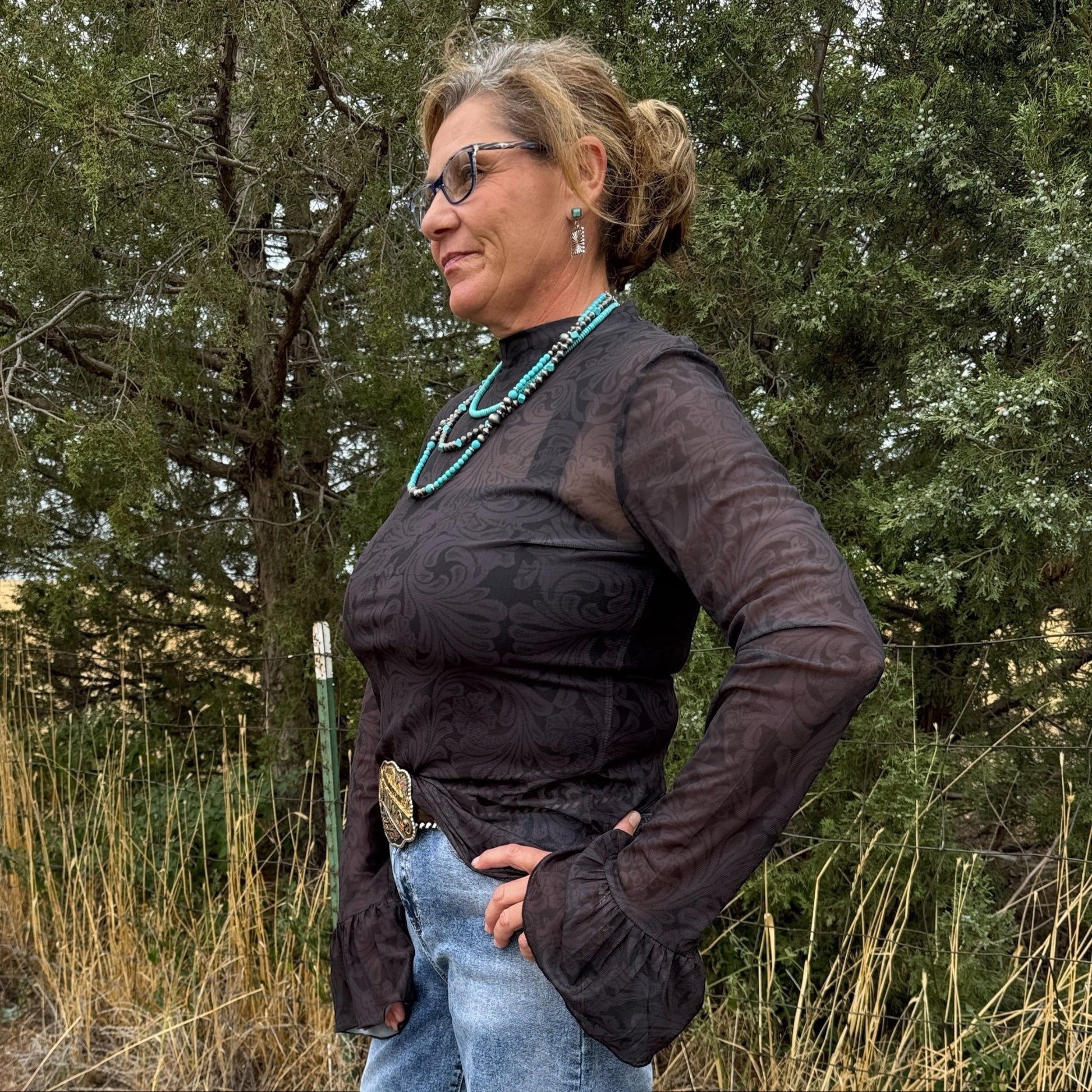 Tooled In Black Mesh Top - Dirt Roads and Dreams Western Boutique