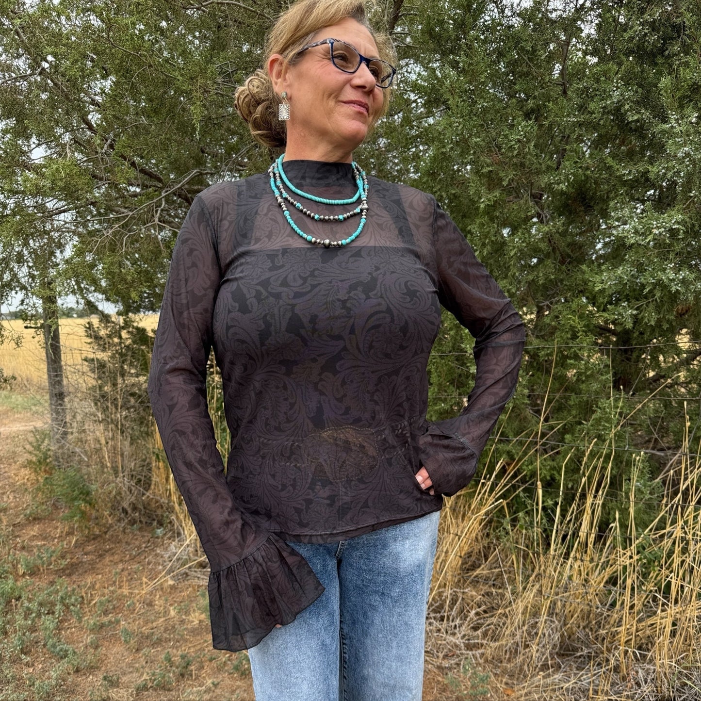 Tooled In Black Mesh Top - Dirt Roads and Dreams Western Boutique