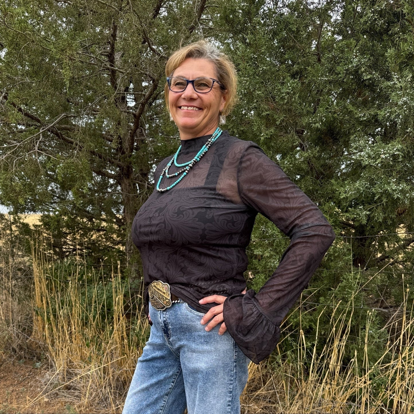 Tooled In Black Mesh Top - Dirt Roads and Dreams Western Boutique