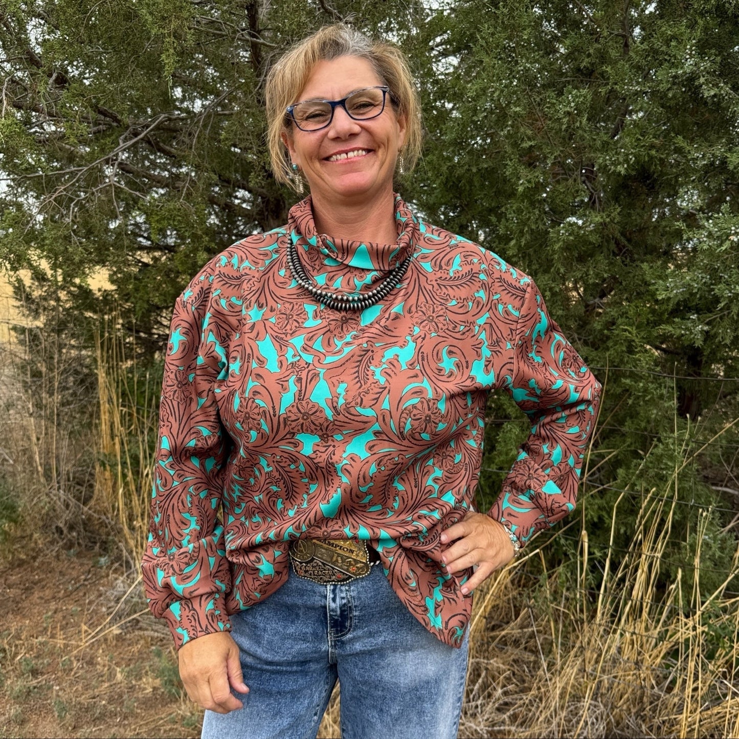 Turquoise Tooled Sweater - Dirt Roads and Dreams Western Boutique