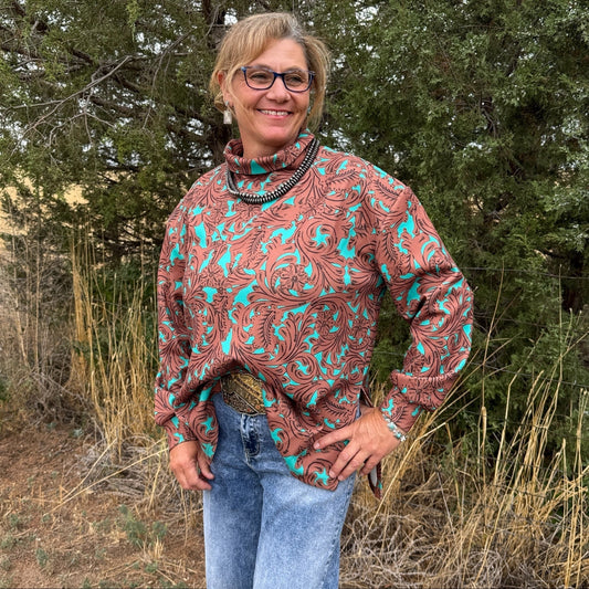 Turquoise Tooled Sweater - Dirt Roads and Dreams Western Boutique