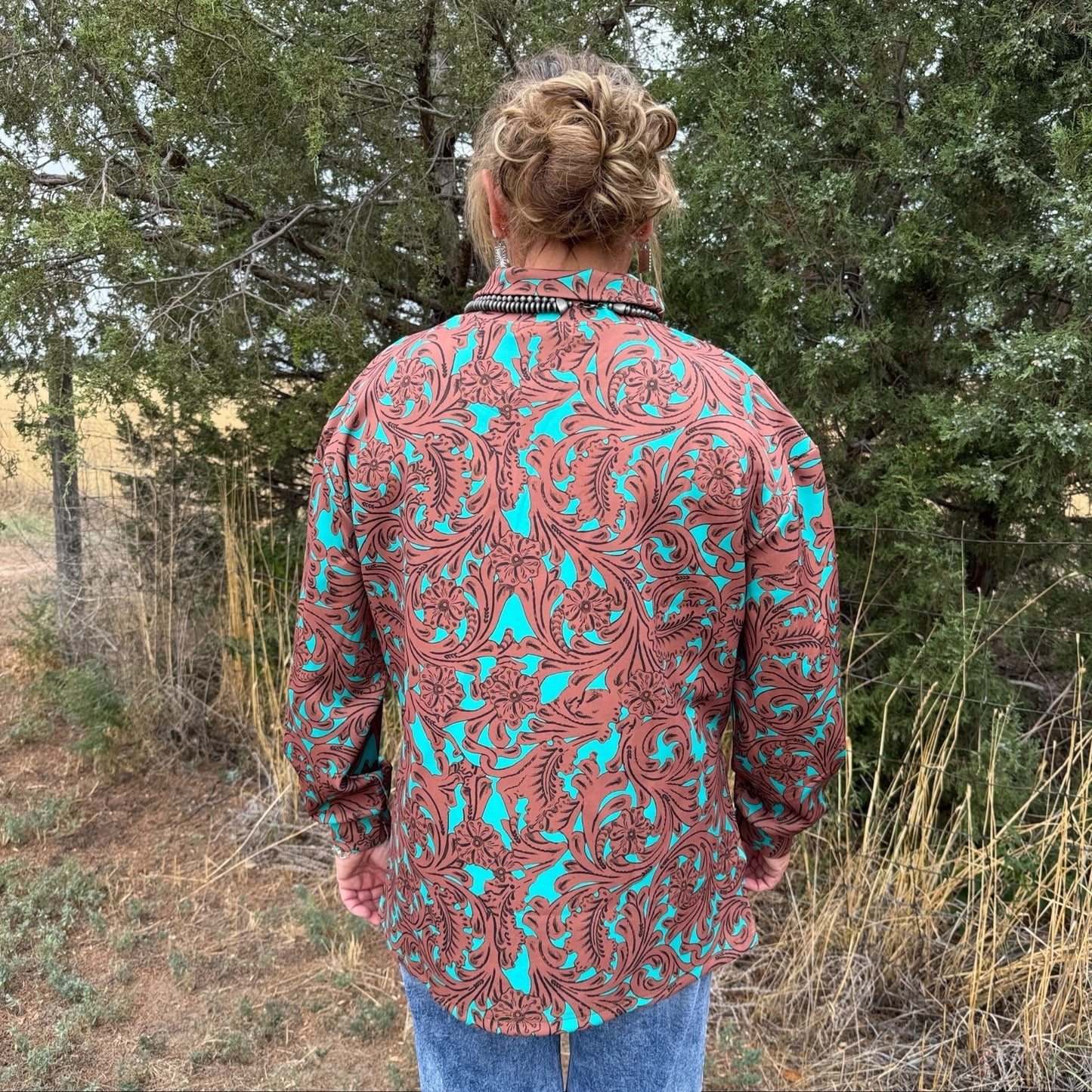 Turquoise Tooled Sweater - Dirt Roads and Dreams Western Boutique
