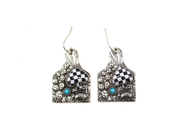 WESTERN CATTLE TAG ARMADILLO SPADE CHECKER EARRINGS - Dirt Roads and Dreams Western Boutique